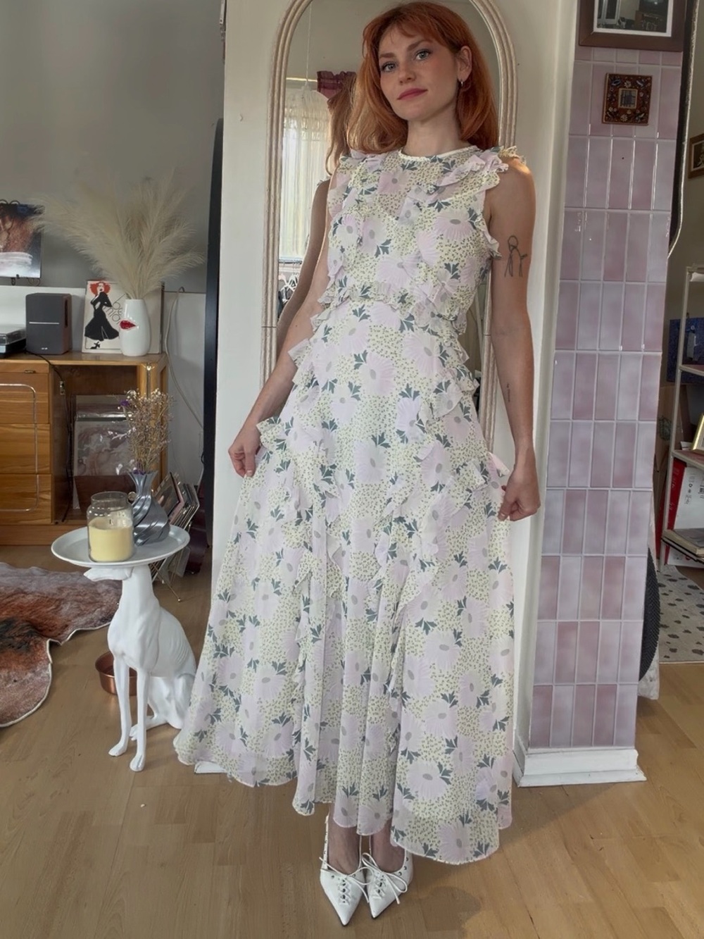 NBW Ted Baker Floral Ruffle Maxi Dress in Pale Pink and Cream